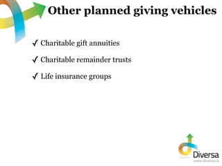 Other planned giving vehicles

✓ Charitable gift annuities
✓ Charitable remainder trusts
✓ Life insurance groups
 