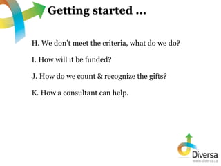 Getting started ...

H. We don’t meet the criteria, what do we do?

I. How will it be funded?

J. How do we count & recogn...