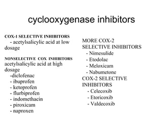 cyclooxygenase inhibitors
COX-1 SELECTIVE INHIBITORS
- acetylsalicylic acid at low
dosage
NONSELECTIVE COX INHIBITORS
acetylsalicylic acid at high
dosage
-diclofenac
- ibuprofen
- ketoprofen
- flurbiprofen
- indomethacin
- piroxicam
- naproxen
MORE COX-2
SELECTIVE INHIBITORS
- Nimesulide
- Etodolac
- Meloxicam
- Nabumetone
COX-2 SELECTIVE
INHIBITORS
- Celecoxib
- Etoricoxib
- Valdecoxib
 