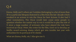 Q.4
Emma, Holly and 3 others are 5 entities (belonging to a list of more than
30 in a particular lifespan) featured in a film from the last decade which
resulted in an actress to win the Oscar for best Actress. It also had 5
other nominations. The Oscar would later cause some people to
question whether the easiest way to win it would be to play the role of
X since a large number of actresses who have played the role have
received an Oscar. Peter, the writer for the film, went on to develop an
Netflix award-winning drama which got into trouble last year with
authorities for its portrayal of X’s family.
What are Emma, Holly, etc.? Also give me X.
 
