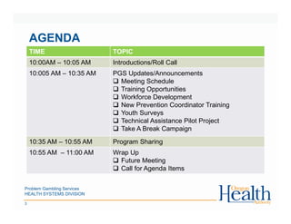 Problem Gambling Services
HEALTH SYSTEMS DIVISION
3
AGENDA
TIME TOPIC
10:00AM – 10:05 AM Introductions/Roll Call
10:005 AM – 10:35 AM PGS Updates/Announcements
Meeting Schedule
Training Opportunities
Workforce Development
New Prevention Coordinator Training
Youth Surveys
Technical Assistance Pilot Project
Take A Break Campaign
10:35 AM – 10:55 AM Program Sharing
10:55 AM – 11:00 AM Wrap Up
Future Meeting
Call for Agenda Items
 