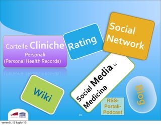RSS-
Portali-
Podcast
Social	
 M
edia	
 in	
 	
 
M
edicina
Cartelle	
 Cliniche	
 
Personali	
 
(Personal	
 Health	
 Records)
Rating
Social	
 
Network	
 
Blog
Wiki
21
venerdì, 12 luglio 13
 
