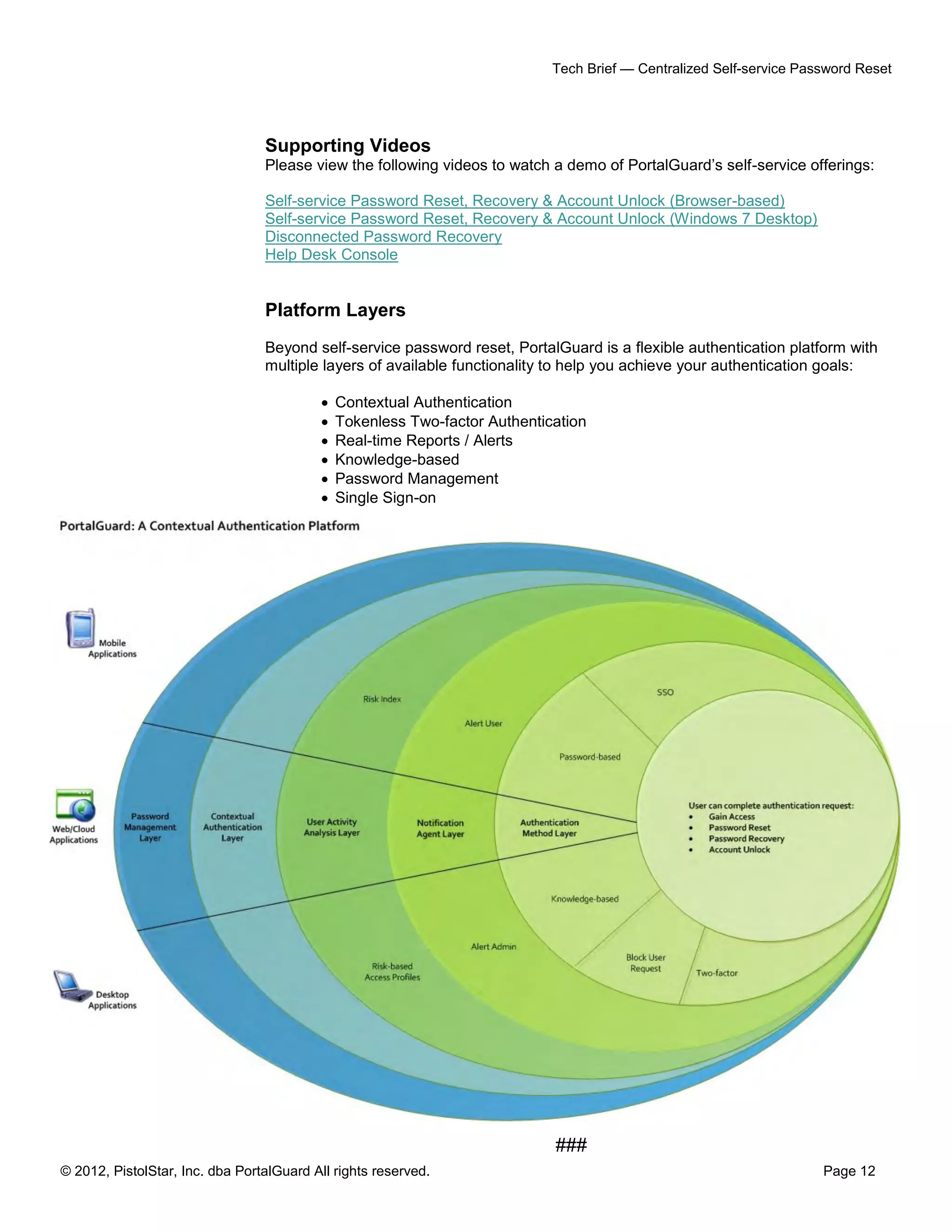 © 2012, PistolStar, Inc. dba PortalGuard All rights reserved. Page 12
Tech Brief — Centralized Self-service Password Reset
Supporting Videos
Please view the following videos to watch a demo of PortalGuard’s self-service offerings:
Self-service Password Reset, Recovery & Account Unlock (Browser-based)
Self-service Password Reset, Recovery & Account Unlock (Windows 7 Desktop)
Disconnected Password Recovery
Help Desk Console
Platform Layers
Beyond self-service password reset, PortalGuard is a flexible authentication platform with
multiple layers of available functionality to help you achieve your authentication goals:
 Contextual Authentication
 Tokenless Two-factor Authentication
 Real-time Reports / Alerts
 Knowledge-based
 Password Management
 Single Sign-on
###
 