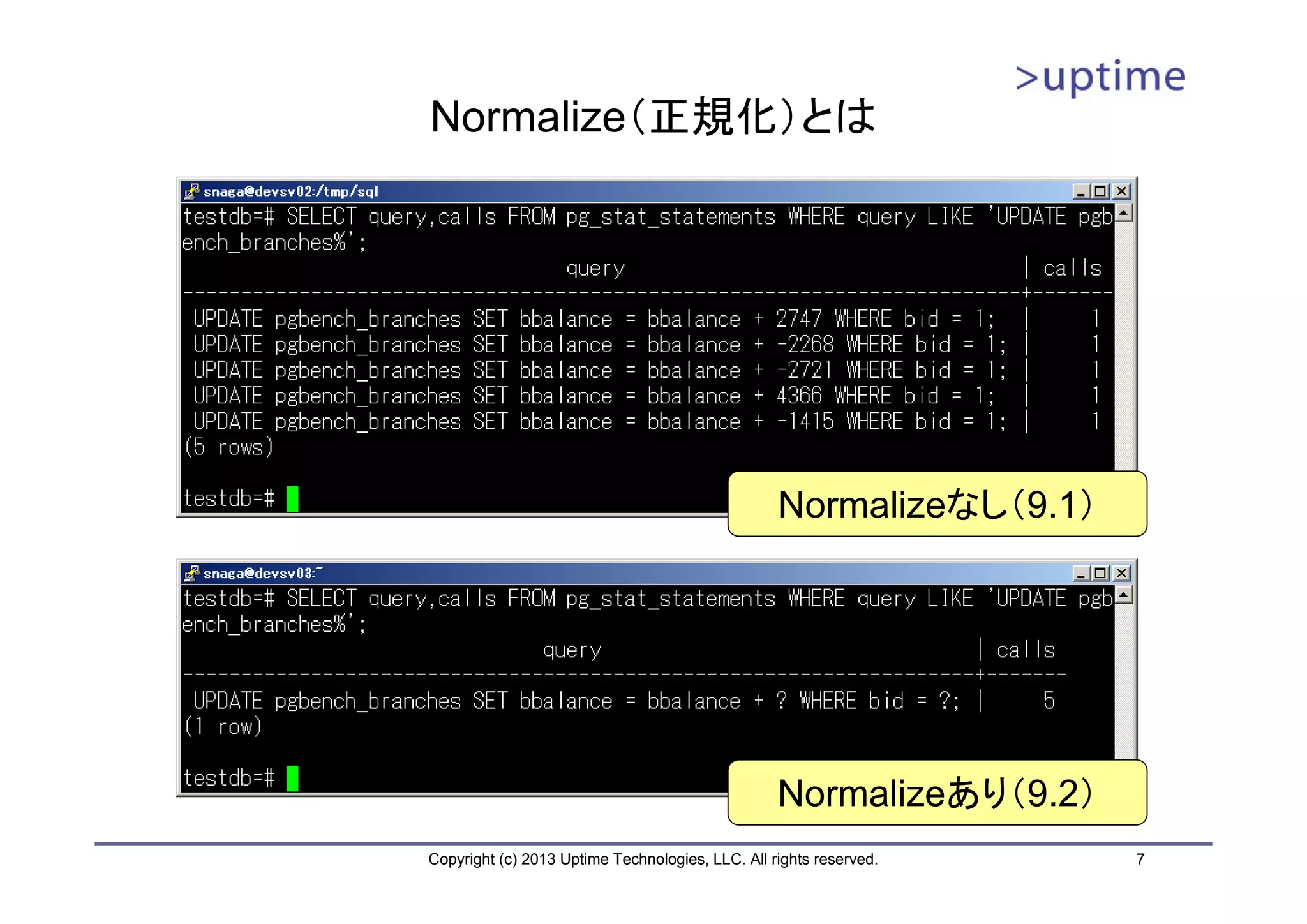 Normalize（正規化）とは




                                                  Normalizeなし（9.1）




                                                  Normalizeあり（9.2）
Copyright (c) 2013 Uptime Technologies, LLC. All rights reserved.    7
 