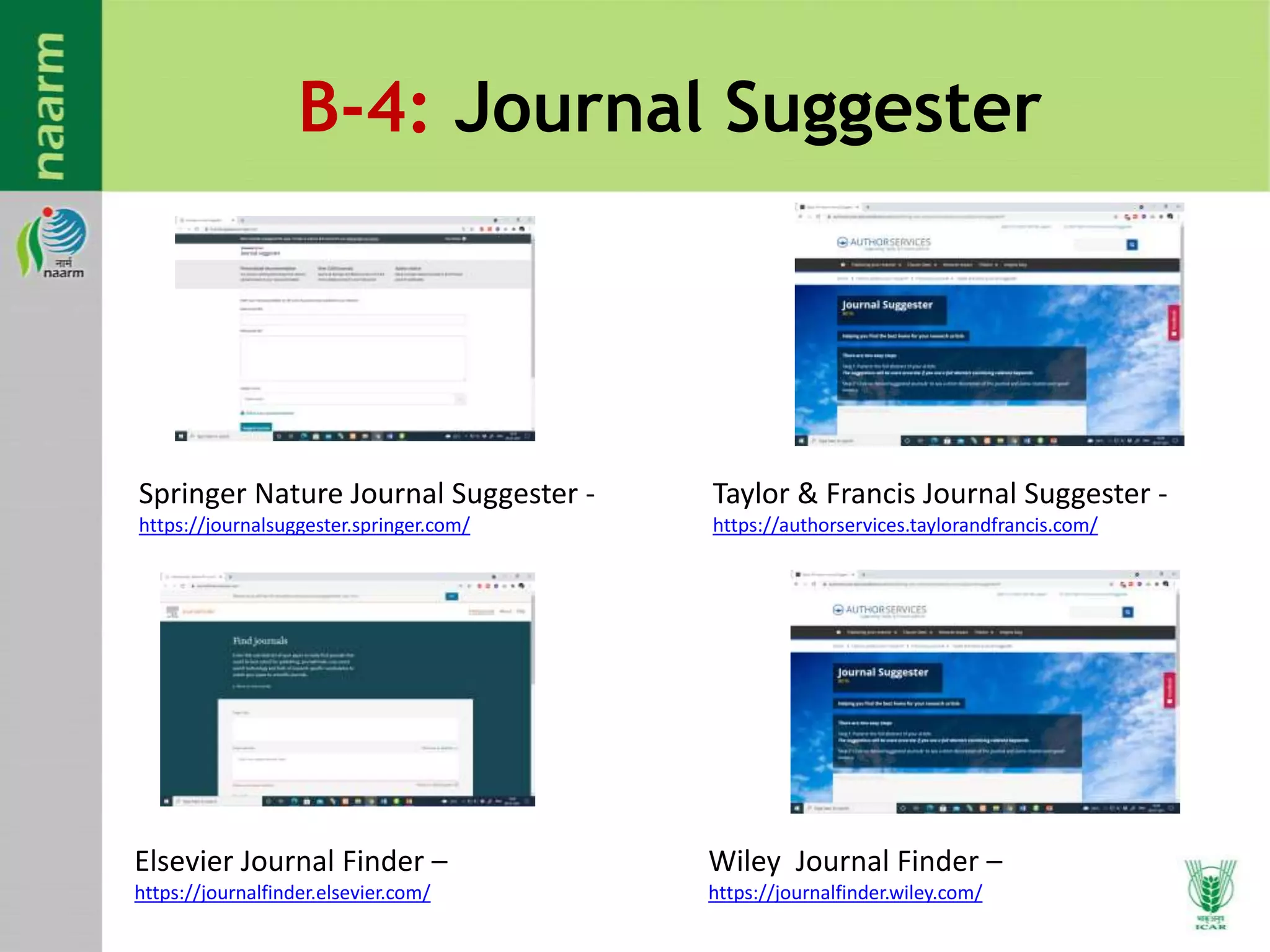 B-4: Journal Suggester
Taylor & Francis Journal Suggester -
https://authorservices.taylorandfrancis.com/
Springer Nature Journal Suggester -
https://journalsuggester.springer.com/
Wiley Journal Finder –
https://journalfinder.wiley.com/
Elsevier Journal Finder –
https://journalfinder.elsevier.com/
 