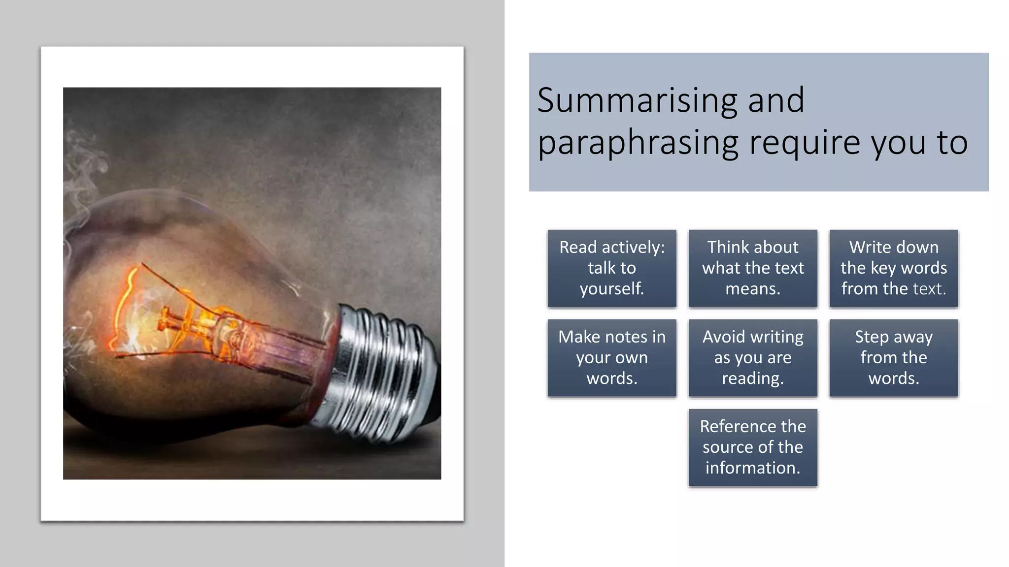 Summarising and
paraphrasing require you to
Read actively:
talk to
yourself.
Think about
what the text
means.
Write down
the key words
from the text.
Make notes in
your own
words.
Avoid writing
as you are
reading.
Step away
from the
words.
Reference the
source of the
information.
 