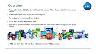 ▪ Procter & Gamble Co. (P&G) founded in 1837 by British American William Procter and Irish American James
Gamble.
▪ It’s the world's largest maker of consumer packaged goods.
▪ The headquarter is in downtown Cincinnati, Ohio,
▪ In 2017, P&G recorded $65.1 billion in sales.
▪ Today P&G is recognized leader in development, distribution and marketing of Fast-moving consumer goods
(FMCG)
▪ P&G has more than 300 brands, 5 billion consumers in 160 countries
 