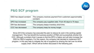 DSO has stayed constant The company receives payment from customers approximately
constant.
DPO has increased The company pay suppliers later. From 45 days to 75 days.
DIH has decreased The company keeps inventory short time.
CCC has decreased The company keep its money longer.
Since 2012 the company has executed the plan to reduce its cost in the working capital
management. This has benefit the business position of P&G and successfully shorten the
CCC. Although a problem that it causes is that the DPO is higher and will also increase the
DSO for P&G’s suppliers. For this reason, the company has decided to implement SCF
program. In this way help to mitigate the risk of suppliers by sharing the risk over its whole
supply chain. Which will be further discussed in the following part.
 