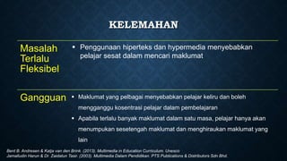 Masalah
Terlalu
Fleksibel
Gangguan
 Penggunaan hiperteks dan hypermedia menyebabkan
pelajar sesat dalam mencari maklumat
 Maklumat yang pelbagai menyebabkan pelajar keliru dan boleh
mengganggu kosentrasi pelajar dalam pembelajaran
 Apabila terlalu banyak maklumat dalam satu masa, pelajar hanya akan
menumpukan sesetengah maklumat dan menghiraukan maklumat yang
lain
KELEMAHAN
Bent B. Andresen & Katja van den Brink. (2013). Multimedia in Education Curriculum. Unesco
Jamalludin Harun & Dr. Zaidatun Tasir. (2003). Multimedia Dalam Pendidikan. PTS Publications & Distributors Sdn Bhd.
 