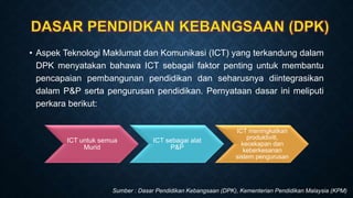 • Aspek Teknologi Maklumat dan Komunikasi (ICT) yang terkandung dalam
DPK menyatakan bahawa ICT sebagai faktor penting untuk membantu
pencapaian pembangunan pendidikan dan seharusnya diintegrasikan
dalam P&P serta pengurusan pendidikan. Pernyataan dasar ini meliputi
perkara berikut:
Sumber : Dasar Pendidikan Kebangsaan (DPK), Kementerian Pendidikan Malaysia (KPM)
ICT untuk semua
Murid
ICT sebagai alat
P&P
ICT meningkatkan
produktiviti,
kecekapan dan
keberkesanan
sistem pengurusan
 