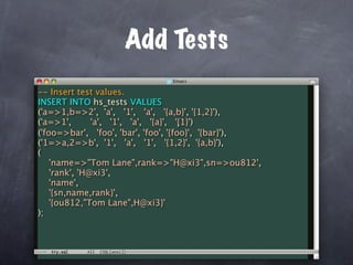 Add Tests
-- Insert test values.
INSERT INTO hs_tests VALUES
('a=>1,b=>2', 'a', '1', 'a', '{a,b}', '{1,2}'),
('a=>1',       'a', '1', 'a', '{a}', '{1}')
                                      ,
('foo=>bar', 'foo', 'bar', 'foo', '{foo}', '{bar}'),
('1=>a,2=>b', '1', 'a', '1', '{1,2}', '{a,b}'),
(
    'name=>"Tom Lane",rank=>"H@xi3",sn=>ou812',
    'rank', 'H@xi3',
    'name',
    '{sn,name,rank}',
    '{ou812,"Tom Lane",H@xi3}'
);
 