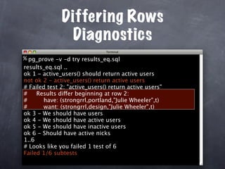 Differing Rows
               Diagnostics
% pg_prove -v -d try results_eq.sql
results_eq.sql ..
ok 1 - active_users() should return active users
not ok 2 - active_users() return active users
# Failed test 2: "active_users() return active users"
#    Results differ beginning at row 2:
#      have: (strongrrl,portland,"Julie Wheeler",t)
#      want: (strongrrl,design,"Julie Wheeler",t)
ok 3 - We should have users
ok 4 - We should have active users
ok 5 - We should have inactive users
ok 6 - Should have active nicks
1..6
# Looks like you failed 1 test of 6
Failed 1/6 subtests
 