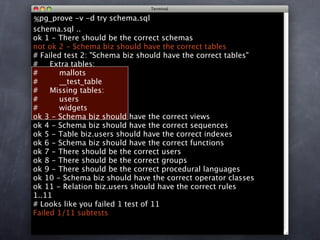 %pg_prove -v -d try schema.sql
schema.sql ..
ok 1 - There should be the correct schemas
not ok 2 - Schema biz should have the correct tables
# Failed test 2: "Schema biz should have the correct tables"
#    Extra tables:
#      mallots
#      __test_table
#    Missing tables:
#      users
#      widgets
ok 3 - Schema biz should have the correct views
ok 4 - Schema biz should have the correct sequences
ok 5 - Table biz.users should have the correct indexes
ok 6 - Schema biz should have the correct functions
ok 7 - There should be the correct users
ok 8 - There should be the correct groups
ok 9 - There should be the correct procedural languages
ok 10 - Schema biz should have the correct operator classes
ok 11 - Relation biz.users should have the correct rules
1..11
# Looks like you failed 1 test of 11
Failed 1/11 subtests
 