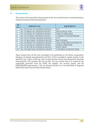 Doc No. D-2-01-03-01-03
Pre-Commissioning Procedures For Switchyard Equipments 3
Sl.
No. FORMAT NO. EQUIPMENT
1. No. CF/ICT/01/ R-3 DATED 01/04/2011 ICT
2. No. CF/SR/02/ R-3 DATED 01/04/2011 SHUNT REACTOR
3. No. CF/CB/03/ R-3 DATED 01/04/2011 CIRCUIT BREAKER
4. No. CF/CT/04/R-3 DATED 01/04/2011 CURRENT TRANSFORMER
5. No. CF/CVT/05/R-3 DATED 01/04/2011 CVT
6. No. CF/BAY/06/R-3 DATED 01/04/2011 BAY/FEEDER
7. No. CF/ISO/07/ R-3 DATED 01/04/2011 ISOLATOR/GROUND SWITCH
8. No. CF/SA/08/ R-3 DATED 01/04/2011 SURGE ARRESTER
9. No. CF/WT/09/ R-3 DATED 01/04/2011 WAVE TRAP
10. No. CF/C&P/10/R-3 DATED 01/04/2011 CONTROL & PROTECTION
These formats have all the tests recordings to be performed at site before energization/
charging. Switching and operational activities will be recorded in regular manner in the
operator's log. Copies of this log, notes on special observations from inspections and other
measurements will constitute the test records. The test records had to be signed by the
responsible personnel from the OEM, the supplier, the erection agency and the
POWERGRID representative. The test formats/records are to be distributed to Regional
O&MofficeandConcernedSub-Stationlibrary.
1.5 Documentation
The results of the test shall be documented on the test record formats as mentioned below,
whicharealsopartofthisdocumentation:
 