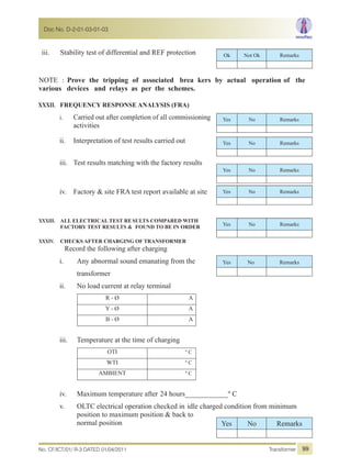 iii. Stability test of differential and REF protection
NOTE : Prove the tripping of associated brea kers by actual operation of the
various devices and relays as per the schemes.
XXXII. FREQUENCY RESPONSE ANALYSIS (FRA)
i. Carried out after completion of all commissioning
activities
ii. Interpretation of test results carried out
iii. Test results matching with the factory results
iv. Factory & site FRA test report available at site
XXXIII. ALL ELECTRICAL TEST RESULTS COMPARED WITH
FACTORY TEST RESULTS & FOUND TO BE IN ORDER
XXXIV. CHECKS AFTER CHARGING OF TRANSFORMER
Record the following after charging
i. Any abnormal sound emanating from the
transformer
ii. No load current at relay terminal
R - Ø A
Y - Ø A
B - Ø A
iii. Temperature at the time of charging
OTI º C
WTI º C
AMBIENT º C
iv. Maximum temperature after 24 hours____________º C
v. OLTC electrical operation checked in idle charged condition from minimum
position to maximum position & back to
normal position
Ok Not Ok Remarks
Yes No Remarks
Yes No Remarks
Yes No Remarks
Yes No Remarks
Yes No Remarks
Yes No Remarks
Yes No Remarks
No. CF/ICT/01/ R-3 DATED 01/04/2011 Transformer
Doc No. D-2-01-03-01-03
99
 