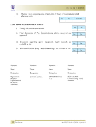vi. Thermo vision scanning done at least after 24 hours of loading & repeated
after one week.
XXXV. FINAL DOCUMENTATION REVIEW
i.
ii.
iii.
iv.
Signature:
Name:
Designation:
Organization:
(Supplier
Representative)
(Wherever
Applicable)
Signature:
Name:
Designation:
(Erection Agency)
Signature:
Name:
Designation:
(POWERGRID Site
I/C)
Signature:
Name:
Designation:
(POWERGRID
Commissioning. Team)
Members:
Yes No Remarks
Yes No
Yes No
Yes No
Yes No
Factory test results are available
Final documents of Pre- Commissioning checks reviewed and
approved
Document regarding spares equipment, O&M manuals etc
available at site
After modification, if any, “As built Drawings” are available at site
No. CF/ICT/01/ R-3 DATED 01/04/2011Transformer
Doc No. D-2-01-03-01-03
100
 