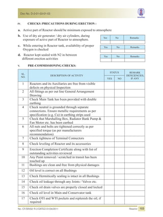 IV. CHECKS /PRECAUTIONS DURING ERECTION :
a. Active part of Reactor should be minimum exposed to atmosphere
b. Use of dry air generator / dry air cylinders, during
exposure of active part of Reactor to atmosphere.
c. While entering in Reactor tank, availability of proper
Oxygen is checked
d. Reactor kept sealed with N2 in between
different erection activities
V. PRE-COMMISSIONING CHECKS:
SL.
NO.
DESCRIPTION OF ACTIVITY
STATUS REMARK
DEFICIENCIES,
IF ANYYES NO
1 Reactors and its Auxiliaries are free from visible
defects on physical Inspection
2 All fittings as per out line General Arrangement
Drawing
3 Check Main Tank has been provided with double
earthing
4 Check neutral is grounded through separate
connections. Ensure metallic requirements as per
specification (e.g. Cu) in earthing strips used
5 Check that Marshalling Box, Radiator Bank Pump &
Fan Motor etc. has been earthed
6 All nuts and bolts are tightened correctly as per
specified torque (as per manufacturers
recommendation)
7 Check tightness of Terminal Connectors
8 Check leveling of Reactor and its accessories
9 Erection Completion Certificate along with list of
outstanding activities reviewed
10 Any Paint removed / scratched in transit has been
touched up
11 Bushings are clean and free from physical damages
12 Oil level is correct on all Bushings
13 Check Hermitically sealing is intact in all Bushings
14 Check oil leakage through any Joints / Valves etc.
15 Check oil drain valves are properly closed and locked
16 Check oil level in Main and Conservator tank
17 Check OTI and WTI pockets and replenish the oil, if
Yes No Remarks
Yes No Remarks
Yes No Remarks
required
No. CF/SR/02/ R-3 DATED 01/04/2011 Reactor
Doc No. D-2-01-03-01-03
103
 