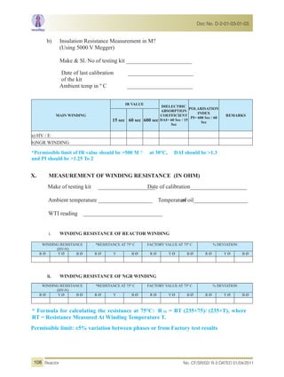 b) Insulation Resistance Measurement in M?
(Using 5000 V Megger)
Make & Sl. No of testing kit _______________________
Date of last calibration _______________________
of the kit
Ambient temp in º C _______________________
MAIN WINDING
IR VALUE
DIELECTRIC
ABSORPTION
COEFFICIENT
DAI= 60 Sec / 15
Sec
POLARISATION
INDEX
PI= 600 Sec / 60
Sec
REMARKS
15 sec 60 sec 600 sec
a) HV / E
b)NGR WINDING
*Permissible limit of IR value should be >500 M ? at 30°C, DAI should be >1.3
and PI should be >1.25 To 2
X. MEASUREMENT OF WINDING RESISTANCE (IN OHM)
Make of testing kit ____________________Date of calibration____________________
Ambient temperature ___________________ Temperatureof oil___________________
WTI reading _____________________________
i. WINDING RESISTANCE OF REACTOR WINDING
WINDING RESISTANCE
WINDING RESISTANCE
(HV-N)
(HV-N)
*RESISTANCE AT 75º C
*RESISTANCE AT 75º C
FACTORY VALUE AT 75º C
FACTORY VALUE AT 75º C
% DEVIATION
% DEVIATION
R Ø
R Ø
Y Ø
Y Ø
B Ø
B Ø
R Ø
R Ø
Y
Y
B Ø
B Ø
R Ø
R Ø
Y Ø
Y Ø
B Ø
B Ø
R Ø
R Ø
Y Ø
Y Ø
B Ø
B Ø
ii. WINDING RESISTANCE OF NGR WINDING
* Formula for calculating the resistance at 75°C: R75 = RT (235+75)/ (235+T), where
RT = Resistance Measured At Winding Temperature T.
Permissible limit: ±5% variation between phases or from Factory test results
No. CF/SR/02/ R-3 DATED 01/04/2011Reactor
Doc No. D-2-01-03-01-03
108
 