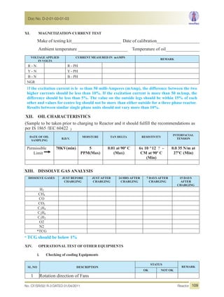 XI. MAGNETIZATION CURRENT TEST
Make of testing kit______________________ Date of calibration___________________
Ambient temperature ______________________ Temperature of oil_______________
VOLTAGE APPLIED
IN VOLTS
CURRENT MEASURED IN mAMPS
REMARK
R - N R - PH
Y - N Y - PH
B - N B - PH
NGR
If the excitation current is le ss than 50 milli-Amperes (mAmp), the difference between the two
higher currents should be less than 10%. If the excitation current is more than 50 mAmp, the
difference should be less than 5%. The value on the outside legs should be within 15% of each
other and values for centre leg should not be more than either outside for a three phase reactor.
Results between similar single phase units should not vary more than 10%.
XII. OIL CHARACTERISTICS
(Sample to be taken prior to charging to Reactor and it should fulfill the recommendations as
per IS 1865 /IEC 60422 )
DATE OF OIL
SAMPLING
B.D.V.
MOISTURE TAN DELTA RESISTIVITY
INTERFACIAL
TENSION
Permissible
Limit
70KV(min) 5
PPM(Max)
0.01 at 90º C
(Max)
6x 10 ^12 ? -
CM at 90º C
(Min)
0.0 35 N/m at
27ºC (Min)
XIII. DISSOLVE GAS ANALYSIS
DISSOLVE GASES JUST BEFORE
CHARGING
JUST AFTER
CHARGING
24 HRS AFTER
CHARGING
7 DAYS AFTER
CHARGING
15 DAYS
AFTER
CHARGING
H2
CH4
CO
CO2
C2H4
C2H6
C2H2
O2
N2
*TCG
* TCG should be below 1%
XIV. OPERATIONAL TEST OF OTHER EQUIPMENTS
i. Checking of cooling Equipments
SL.NO DESCRIPTION
STATUS
OK NOT OK
1 Rotation direction of Fans
REMARK
No. CF/SR/02/ R-3 DATED 01/04/2011 Reactor
Doc No. D-2-01-03-01-03
109
 