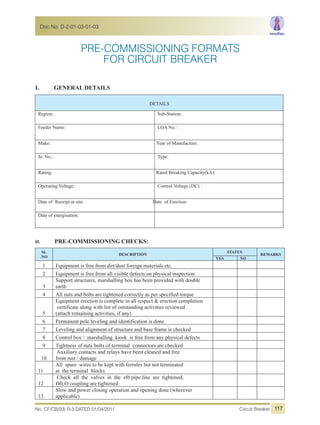 PRE-COMMISSIONING FORMATS
I. GENERAL DETAILS
DETAILS
Region: Sub-Station:
Feeder Name: LOA No. :
Make: Year of Manufacture:
Sr. No.: Type:
Rating: Rated Breaking Capacity(kA):
Operating Voltage: Control Voltage (DC) :
Date of Receipt at site: Date of Erection:
Date of energisation:
II. PRE-COMMISSIONING CHECKS:
SL
.NO
DESCRIPTION
STATUS
REMARKS
YES NO
1 Equipment is free from dirt/dust foreign materials etc.
2 Equipment is free from all visible defects on physical inspection
3
Support structures, marshalling box has been provided with double
earth
4 All nuts and bolts are tightened correctly as per specified torque
5
Equipment erection is complete in all respect & erection completion
certificate along with list of outstanding activities reviewed
(attach remaining activities, if any)
6 Permanent pole leveling and identification is done
7 Leveling and alignment of structure and base frame is checked
8 Control box / marshalling kiosk is free from any physical defects
9 Tightness of nuts bolts of terminal connectors are checked
10
Auxiliary contacts and relays have been cleaned and free
from rust / damage
11
All spare wires to be kept with ferrules but not terminated
at the terminal blocks
12
Check all the valves in the sf6 pipe line are tightened,
DILO coupling are tightened.
13
Slow and power closing operation and opening done (wherever
applicable)
FOR CIRCUIT BREAKER
No. CF/CB/03/ R-3 DATED 01/04/2011 Circuit Breaker
Doc No. D-2-01-03-01-03
117
 