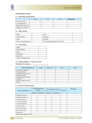 ii.Pneumatic System
a) Operating system details
R - Ø Y - Ø B - Ø Remarks
Air receiver no
Control block no
Pneumatic drive no
Magnetic ventil no
b) Motor details
c) ICU Details
d) Details of Relays / Contactors used
Schematic drawing no__ ____________________
CIRCUIT REFERENCE MAKE SERIAL NO. TYPE NO+NC
Air Pressure Monitor
Closing Lockout
Auto Reclosing Lockout
General Lockout
Pole Discrepancy Timer
Auxiliary
Power Contactor in ICU
Others
e) Pressure Switch setting
CIRCUIT REFERENCE
FACTORY SETTING
VALUE
SITE SETTING VALUE
MAKE
REMARKS
BLOCK DEBLOCK BLOCK DEBLOCK
Operation lockout -1
Operation lockout -2
Closing lockout
Auto reclosing ckt
Low/high pressure
Alarm circuit
ICU auto setting
ICU safety valve
Operations
Make Volt
Serial number Amperes
Type Hp/ kW
Year of manufacturer O/L setting (Thermal Over load)
Make
Serial number
Type
Discharge
Capacity
Year of manufacturer
Factory test report ref no: ________________________________
No. CF/CB/03/ R-3 DATED 01/04/2011Circuit Breaker
Doc No. D-2-01-03-01-03
120
 