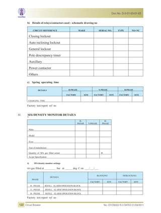 b) Details of relays/contactors used : schematic drawing no
c) Spring operating time
DETAILS R-PHASE Y-PHASE B-PHASE
FACTORY SITE FACTORY SITE FACTORY SITE
CHARGING TIME
Factory test report ref no
IV. SF6 DENSITY MONITOR DETAILS
i.
R-
PHASE Y-PHASE
B-
PHASE
Make
Model
Sl.no
Year of manufacture
Quantity of SF6 gas filled actual B:
As per Specification
ii. SF6 density monitor settings
SF6 gas filled at ________ bar at _____ deg. C on ___/___/___
PHASE
DETAILS
BLOCKING DEBLOCKING
FACTORY SITE FACTORY SITE
R - PHASE REFILL ALARM OPERATION BLOCK
Y - PHASE REFILL ALARM OPERATION BLOCK
B - PHASE REFILL ALARM OPERATION BLOCK
Factory test report ref no :
CIRCUIT REFERENCE MAKE SERIAL NO. TYPE NO+NC
Closing lockout
Auto reclosing lockout
General lockout
Pole descrepancy timer
Auxillary
Power contactor
Others
No. CF/CB/03/ R-3 DATED 01/04/2011Circuit Breaker
Doc No. D-2-01-03-01-03
122
 
