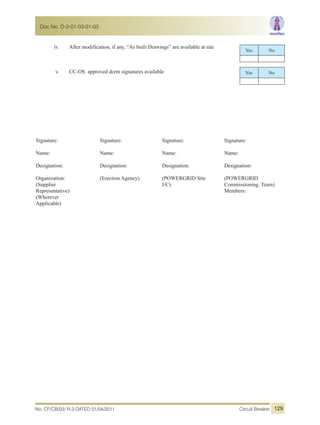 iv. After modification, if any, “As built Drawings” are available at site
v. CC-OS approved dcrm signatures available
Signature:
Name:
Designation:
Organization:
(Supplier
Representative)
(Wherever
Applicable)
Signature:
Name:
Designation:
(Erection Agency)
Signature:
Name:
Designation:
(POWERGRID Site
I/C)
Signature:
Name:
Designation:
(POWERGRID
Commissioning. Team)
Members:
Yes No
Yes No
No. CF/CB/03/ R-3 DATED 01/04/2011 Circuit Breaker
Doc No. D-2-01-03-01-03
129
 