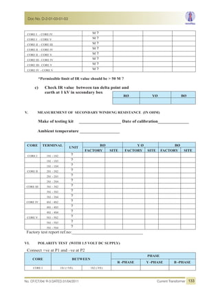 CORE I - CORE IV M ?
CORE I - CORE V M ?
CORE II - CORE III M ?
CORE II - CORE IV M ?
CORE II - CORE V M ?
CORE III - CORE IV M ?
CORE III- CORE V M ?
CORE IV - CORE V M ?
*Permissible limit of IR value should be > 50 M ?
c) Check IR value between tan delta point and
earth at 1 kV in secondary box
V. MEASUREMENT OF SECONDARY WINDING RESISTANCE (IN OHM)
Make of testing kit ___________________ Date of calibration______________
Ambient temperature __________________
CORE TERMINAL
UNIT
RØ Y Ø BØ
FACTORY SITE FACTORY SITE FACTORY SITE
CORE I 1S1 - 1S2 ?
1S1 - 1S3 ?
1S1 - 1S4 ?
CORE II 2S1 - 2S2 ?
2S1 - 2S3 ?
2S1 - 2S4 ?
CORE III 3S1 - 3S2 ?
3S1 - 3S3 ?
3S1 - 3S4 ?
CORE IV 4S1 - 4S2 ?
4S1 - 4S3 ?
4S1 - 4S4 ?
CORE V 5S1 - 5S2 ?
5S1 - 5S3 ?
5S1 - 5S4 ?
Factory test report ref.no:________________________________
VI. POLARITY TEST (WITH 1.5 VOLT DC SUPPLY)
Connect +ve at P1 and –ve at P2
CORE BETWEEN
PHASE
R -PHASE Y -PHASE B -PHASE
CORE I 1S1 (+VE) 1S2 (-VE)
RØ YØ BØ
No. CF/CT/04/ R-3 DATED 01/04/2011 Current Transformer
Doc No. D-2-01-03-01-03
133
 