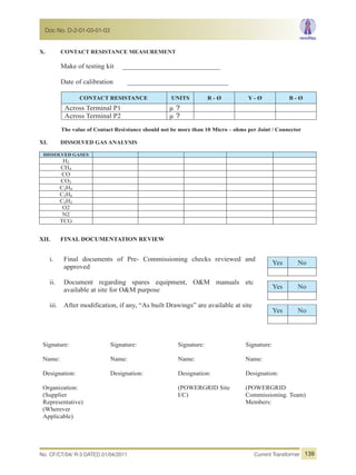 X. CONTACT RESISTANCE MEASUREMENT
Make of testing kit ____________________________
Date of calibration _____________________________
CONTACT RESISTANCE UNITS R - Ø Y - Ø B - Ø
Across Terminal P1 µ ?
Across Terminal P2 µ ?
The value of Contact Resistance should not be more than 10 Micro – ohms per Joint / Connector
XI. DISSOLVED GAS ANALYSIS
DISSOLVED GASES
H2
CH4
CO
CO2
C2H4
C2H6
C2H2
O2
N2
TCG
XII. FINAL DOCUMENTATION REVIEW
i. Final documents of Pre- Commissioning checks reviewed and
approved
ii. Document regarding spares equipment, O&M manuals etc
available at site for O&M purpose
iii. After modification, if any, “As built Drawings” are available at site
Signature:
Name:
Designation:
Organization:
(Supplier
Representative)
(Wherever
Applicable)
Signature:
Name:
Designation:
Signature:
Name:
Designation:
(POWERGRID Site
I/C)
Signature:
Name:
Designation:
(POWERGRID
Commissioning. Team)
Members:
Yes No
Yes No
Yes No
No. CF/CT/04/ R-3 DATED 01/04/2011 Current Transformer
Doc No. D-2-01-03-01-03
139
 