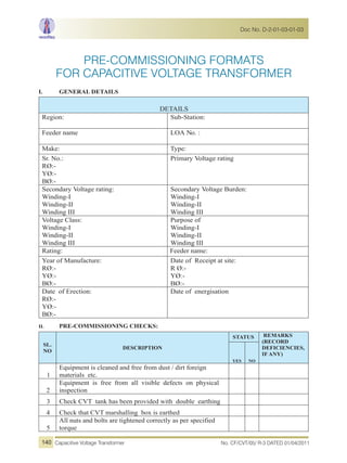 PRE-COMMISSIONING FORMATS
FOR CAPACITIVE VOLTAGE TRANSFORMER
I. GENERAL DETAILS
DETAILS
Region: Sub-Station:
Feeder name LOA No. :
Make: Type:
Sr. No.:
RØ:-
YØ:-
BØ:-
Primary Voltage rating
Secondary Voltage rating:
Winding-I
Winding-II
Winding III
Secondary Voltage Burden:
Winding-I
Winding-II
Winding III
Voltage Class:
Winding-I
Winding-II
Winding III
Purpose of
Winding-I
Winding-II
Winding III
Rating: Feeder name:
Year of Manufacture:
RØ:-
YØ:-
BØ:-
Date of Receipt at site:
R Ø:-
YØ:-
BØ:-
Date of Erection:
RØ:-
YØ:-
BØ:-
Date of energisation
II. PRE-COMMISSIONING CHECKS:
SL.
NO
DESCRIPTION
STATUS REMARKS
(RECORD
DEFICIENCIES,
IF ANY)
YES NO
1
Equipment is cleaned and free from dust / dirt foreign
materials etc.
2
Equipment is free from all visible defects on physical
inspection
3 Check CVT tank has been provided with double earthing
4 Check that CVT marshalling box is earthed
5
All nuts and bolts are tightened correctly as per specified
torque
No. CF/CVT/05/ R-3 DATED 01/04/2011Capacitive Voltage Transformer
Doc No. D-2-01-03-01-03
140
 