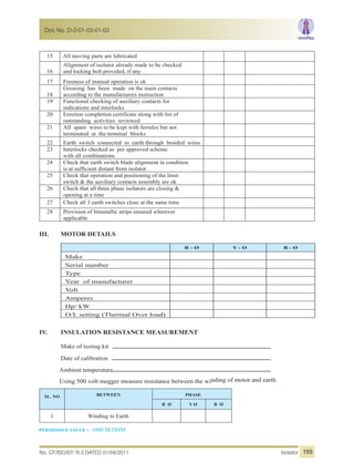 15 All moving parts are lubricated
16
Alignment of isolator already made to be checked
and locking bolt provided, if any
17 Freeness of manual operation is ok
18
Greasing has been made on the main contacts
according to the manufacturers instruction
19 Functional checking of auxiliary contacts for
indications and interlocks
20 Erection completion certificate along with list of
outstanding activities reviewed
21 All spare wires to be kept with ferrules but not
terminated at the terminal blocks
22 Earth switch connected to earth through braided wires
23 Interlocks checked as per approved scheme
with all combinations
24 Check that earth switch blade alignment in condition
is at sufficient distant from isolator
25 Check that operation and positioning of the limit
switch & the auxiliary contacts assembly are ok
26 Check that all three phase isolators are closing &
opening at a time
27 Check all 3 earth switches close at the same time
28 Provision of bimetallic strips ensured wherever
applicable
III. MOTOR DETAILS
IV. INSULATION RESISTANCE MEASUREMENT
Make of testing kit
Date of calibration
Ambient temperature
Using 500 volt megger measure resistance between the winding of motor and earth
SL. NO BETWEEN PHASE
R Ø Y Ø B Ø
1 Winding to Earth
PERMISSIVE VALUE > 1000 M.OHM
R - Ø Y - Ø B - Ø
Make
Serial number
Type
Year of manufacturer
Volt
Amperes
Hp/ kW
O/L setting (Thermal Over load)
No. CF/ISO/07/ R-3 DATED 01/04/2011 Isolator
Doc No. D-2-01-03-01-03
155
 