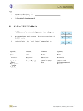 VIII.
i. Resistance of operating coil _______________________________
ii. Resistance of interlocking coil________________________________
IX. FINAL DOCUMENTATION REVIEW
i. Final documents of Pre- Commissioning checks reviewed and approved
ii. Document regarding spares equipment, O&M manuals etc available at sit
for O&M purpose
iii. After modification, if any, “As built Drawings” are available at site
Signature:
Name:
Designation:
Organization:
(Supplier
Representative)
(Wherever
Applicable)
Signature:
Name:
Designation:
(Erection Agency)
Signature:
Name:
Designation:
(POWERGRID Site
I/C)
Signature:
Name:
Designation:
(POWERGRID
Commissioning Team)
Members:
Yes No
Yes No
Yes No
No. CF/ISO/07/ R-3 DATED 01/04/2011Isolator
Doc No. D-2-01-03-01-03
158
 