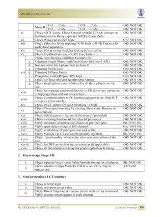 Main-II
CH….. Code……… CH….. Code……… OK/ NOT OK
CH….. Code……… CH….. Code……… OK/ NOT OK
xi Check SOTF Logic. Check Control switch( TCS) & wirings on
Control panel to Relay Input for SOTF( if provided)
OK/ NOT OK
xii Check Weak-end in-feed logic OK/ NOT OK
xiii Check Selective Phase tripping( R Ph fault to R-Ph Trip etc) for
each phase separately
OK/ NOT OK
xiv Check Power swing blocking feature (if available) OK/ NOT OK
xv Check trip Block in case of CVT Fuse Failure OK/ NOT OK
xvi
Check Auto Reclose Initiation Contacts for
a Transient Single Phase Earth fault(Zone-1&Zone-2+CR) OK/ NOT OK
b Non initiation for 1 phase fault in Zone II OK/ NOT OK
c Transient Ph-Ph Fault OK/ NOT OK
d Transient 3 Phase Faults OK/ NOT OK
e Permanent Faults(Prepare 3Ph Trip) OK/ NOT OK
f Check for dead time and reclaim time setting OK/ NOT OK
g Check single phase auto reclosure for all three phases one by
one.
OK/ NOT OK
xvii
Check for tripping command directly to CB & correct operation
of tripping relays and auxiliary relays
OK/ NOT OK
xviii
Check Communication to PC keeping adjacent relay IN&OUT
of service (If available)
OK/ NOT OK
xix Check PLCC carrier Switch Operation( In/Out). OK/ NOT OK
xx
Check Time synchronizing by altering Time Zone. Restore on
confirmation
OK/ NOT OK
xxi Check Self-diagnostic feature of the relay (if provided) OK/ NOT OK
xxii Check metering function of the relay (if provided) OK/ NOT OK
xxiii Verify automatic downloading feature as per Tech spec. OK/ NOT OK
xxiv Verify open delta voltage in DR channel OK/ NOT OK
xxv Verify availability of configuration tool at site. OK/ NOT OK
xxvi Verify Main & Tie CT circuits by primary injection OK/ NOT OK
xxvii
Check directionality of the relay after synchronization of the
line
OK/ NOT OK
xxviii Check for DEF protection and its contacts (if applicable) OK/ NOT OK
xxix Check all the contacts of relay for proper operation & rating OK/ NOT OK
2. Overvoltage Stage-I/II
i Check Operate Value/Reset Value/Operate timing for all phases. OK/ NOT OK
ii
Check whether it trips Main/Tie CB & sends Direct trip to
remote end
YES/ NO
3. Stub protection (4 CT scheme)
i Check scheme logic OK/ NOT OK
ii Check operation at set value OK/ NOT OK
iii
Check Direct Trip send & receive circuit with carrier command.
Verify counter advancement in each channel
OK/ NOT OK
No. CF/C&P/10/ R-3 DATED 01/04/2011 Control & Protection
Doc No. D-2-01-03-01-03
165
 