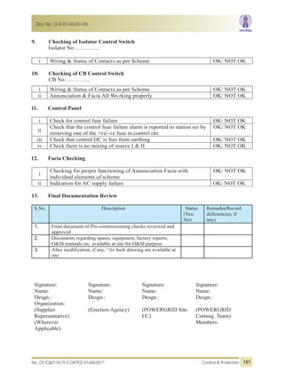 9. Checking of Isolator Control Switch
Isolator No…………..
i Wiring & Status of Contacts as per Scheme OK/ NOT OK
10. Checking of CB Control Switch
CB No…………..
i Wiring & Status of Contacts as per Scheme OK/ NOT OK
ii Annunciation & Facia All Wo rking properly OK/ NOT OK
11. Control Panel
i Check for control fuse failure OK/ NOT OK
ii
Check that the control fuse failure alarm is reported to station ser by
removing one of the +ve/-ve fuse in control ckt.
OK/ NOT OK
iii Check that control DC is free from earthing OK/ NOT OK
iv Check there is no mixing of source I & II OK/ NOT OK
12. Facia Checking
i
Checking for proper functioning of Annunciation Facia with
individual elements of scheme
OK/ NOT OK
ii Indication for AC supply failure OK/ NOT OK
13. Final Documentation Review
S.No. Description Status
(Yes/
No)
Remarks(Record
deficiencies, if
any)
1. Final document of Pre-commissioning checks reviewed and
approved
2. Documents regarding spares, equipment, factory reports,
O&M manuals etc. available at site for O&M purpose
3. After modification, if any, “As built drawing are available at
site
Signature:
Name:
Desgn.:
Organization:
(Supplier
Representative)
(Wherever
Applicable)
Signature:
Name:
Desgn.:
(Erection Agency)
Signature:
Name:
Desgn.:
(POWERGRID Site
I/C)
Signature:
Name:
Desgn.:
(POWERGRID
Commg. Team)
Members:
No. CF/C&P/10/ R-3 DATED 01/04/2011 Control & Protection
Doc No. D-2-01-03-01-03
181
 