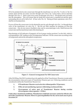 Oil to be pushed slowly into conservator through the transformer via valve No. 5 (valve 2,3 & 4 to
remain open) till the oil comes out first through valve Nos.2 & 3 (close these valves) and then
through valve No. 4. Allow some oil to come out through valve No.4. Oil should come out freely
into the atmosphere. This will ensure that air inside the conservator is expelled out and the space
surrounding the air cell is full of oil. (Close valve No. 4). During all these operations valve No.1
shallbein closedposition.
Excess oil from the conservator is to be drained by gravity only through valve No. 1 or through drain
valve of the transformer via valve No. 5. Do not use filter machine for draining oil from the
conservator. Also do not remove buchholz relay and its associated pipe work, fitted between the
conservatorandthetransformertankwhiledrainingoil.
Stop draining oil till indicator of magnetic oil level gauge reaches position-2 on the dial, which is
corresponding to 30C reading on the oil temperature indicator. Fill the conservator according to the
oiltemperatureandnottheatmospherictemperature
Figure-3 : General Arrangement For Oil Conservator
After Oil filling, Hot Oil Circulation has to be applied to all theTransformers/ Reactors except under
the circumstances when active part of Transformer/ Reactor gets wet. Following conditions can be
consideredtodefinetheTransformer/Reactorwet:
1. IfTransformer/ReactorreceivedatsitewithoutpositiveN2pressure.
2. IfDryairnotusedduringexposurewhiledoingerectionactivities
3. Overexposure of active part of Transformer/ Reactor during erection
(Overexposurewhenexposure>12Hrs)
Underabove mentioned conditions, Manufacturershall take necessary action foreffective dry
out of the Transformer/ Reactor. However general guidelines for dry out in such cases is given
insection2.8
Doc No. D-2-01-03-01-03
Pre-Commissioning Procedures For Switchyard Equipments12
 