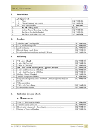 3. Transmitter
a.
AF signal level
i Pilot OK/ NOT OK
ii Check Pressing test button OK/ NOT OK
iii Test tone checked OK/ NOT OK
b. Tx RF setting done Yes/ No
c. Output Power/ Boosting checked OK/ NOT OK
d. Tx alarm threshold checked OK/ NOT OK
e. Tx alarm indication checked OK/ NOT OK
4. Receiver
i Standard AGC setting done OK/ NOT OK
ii Af rx level setting done OK/ NOT OK
iii AGC test done OK/ NOT OK
iv Remote Loop check done OK/ NOT OK
v Rx alarm indication( interrupting RF Line) OK/ NOT OK
5. Telephony
i. TX Level Check OK/ NOT OK
a. 4 wire IN Checked OK/ NOT OK
b. 2Wire in Checked OK/ NOT OK
ii. RX Level Check Feeding from Opposite Station OK/ NOT OK
a. 4 wire Out Checked at 600Ohm OK/ NOT OK
b. 4 wire Out Checked at 600Ohm OK/ NOT OK
iii Dialing Chanel Checked OK/ NOT OK
iv Service Telephone checked OK/ NOT OK
v
Frequency Response across 600 Ohm (Attach separate sheet of
results)
OK/ NOT OK
vi Tele-operation:
a. TX Level Check Done OK/ NOT OK
b. Rx Level check done OK/ NOT OK
6. Protection Coupler Check
a. Measurements
i All LED Indicators Checked OK/ NOT OK
ii Transmit Level checked OK/ NOT OK
iii Boost ratio Measured Boost ratio……………………… OK/ NOT OK
iv Muting of Speech Checked OK/ NOT OK
No. CF/C&P/10/ R-3 DATED 01/04/2011 Control & Protection
Doc No. D-2-01-03-01-03
187
 