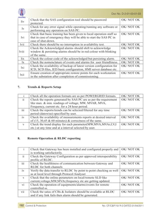 liv
Check that the SAS configuration tool should be password
protected.
OK/ NOT OK
lv
Check for any error signal while operating/running any software or
performing any operation on SAS PC.
OK/ NOT OK
lvi
Check that basic training has been given to local operation staff so
that in case of emergency they will be able to start the SAS PC in
case of shut-down.
OK/ NOT OK
lvii Check there should be no interruption in availability test. OK/ NOT OK
lviii
Check the Acknowledged alarms should shift to acknowledge
window & persisting alarms should be in red colour with blinking
of the same.
OK/ NOT OK
lix Check the colour code of the acknowledged but persisting alarm. OK/ NOT OK
lx Check the nomenclature of events and alarms for user friendliness. OK/ NOT OK
lxi
Check the availability of backup of latest version configuration for
ICD, SCD files, IED basic configuration, HMI server database etc.
OK/ NOT OK
lxii
Ensure creation of appropriate restore points for each workstation
in the substation after completion of commissioning.
OK/ NOT OK
7. Trends & Reports Setup
i Check all the operation formats are as per POWERGRID formats. OK/ NOT OK
ii Check the reports generated by SAS PC are as per the requirement
like max. & min. readings of voltage, MW, MVAR, MVA,
Frequency, current etc. for a 24 hour period.
OK/ NOT OK
iii Check the reports/trends can be selected/filtered for any time
period (datewise) specified by user.
OK/ NOT OK
iv Check the availability of measurements reports at desired interval
of (15, 30,45 & 60 minutes) & correctness of the same.
OK/ NOT OK
v Check the trend display for each parameter(MW,MVA,MVAr,f,V,I
etc.) at any time and at a interval selected by user.
OK/ NOT OK
8. Remote Operation & RLDC reporting
i Check that Gateway has been installed and configured properly and
is working satisfactorily.
OK/ NOT OK
ii Check the Gateway Configuration as per approved interoperability
profile of RLDC.
OK/ NOT OK
iii Check the healthiness of communication between Gateway and
RLDC for both channels
OK/ NOT OK
iv Verify the data transfer to RLDC by point to point checking as well
as at local level through Protocol Analyser
OK/ NOT OK
v Check that the online perameters on local/remote SLD like
current,voltage,MW,MVAr,frequency etc are getting updated.
OK/ NOT OK
vi Check the operation of equipments/alarms/events for remote
controlled ss.
OK/ NOT OK
vii Check the satus of CBs & Isolators should be available at RLDC
and if any link fails then alarm should be generated.
OK/ NOT OK
No. CF/C&P/10/ R-3 DATED 01/04/2011Control & Protection
Doc No. D-2-01-03-01-03
192
 