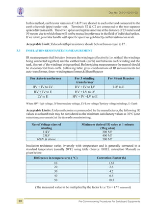 In this method, earth tester terminals C1 & P1 are shorted to each other and connected to the
earth electrode (pipe) under test. Terminals P2 & C2 are connected to the two separate
spikes driven in earth. These two spikes are kept in same line at the distance of 25 meters and
50 meters due to which there will not be mutual interference in the field of individual spikes.
Ifwerotategeneratorhandlewithspecificspeedwegetdirectlyearthresistanceonscale.
AcceptableLimit:Valueofearthpitresistanceshouldbelessthanorequalto1? .
IR measurements shall be taken between the windings collectively (i.e. with all the windings
being connected together) and the earthed tank (earth) and between each winding and the
tank, the rest of the windings being earthed. Before taking measurements the neutral should
be disconnected from earth. Following table gives combinations of IR measurements for
auto-transformer,three-windingtransformer&ShuntReactor
3.3 INSULATIONRESISTANCE(IR)MEASUREMENT
For Auto-transformer For 3 winding
transformer
For Shunt Reactor
HV + IV to LV HV + IV to LV HV to E
HV + IV to E HV + LV to IV
LV to E HV + IV +LV to E
Rated Voltage class of
winding
Minimum desired IR value at 1 minute
(Meg ohm)
11kV 300 M?
33kV 400 M?
66kV & above 500 M?
Difference in temperatures ( °C) Correction Factor (k)
10 1.65
20 2.6
30 4.2
40 6.6
50 10.5
WhereHV-Highvoltage,IV-Intermediatevoltage,LV-Lowvoltage/Tertiaryvoltagewindings,E-Earth
Acceptable Limits: Unless otherwise recommended by the manufacturer, the following IR
values as a thumb rule may be considered as the minimum satisfactory values at 30°C (one
minutemeasurements)atthetimeofcommissioning.
Insulation resistance varies inversely with temperature and is generally corrected to a
standard temperature (usually 20°C) using table (Source: BHEL instruction Manual) as
givenbelow:
(The measured value to be multiplied by the factor k i.e T20 = k*T measured)
Doc No. D-2-01-03-01-03
Pre-Commissioning Procedures For Switchyard Equipments20
 