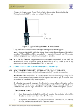 Connect the Megger as per figure-15 given below. Connect the HV terminal to the
Primary terminal of CT by using crocodile clip for firm grip
HV
LV
IR Test Kit
Figure-15 Typical Arrangement for IR measurement
Carryoutthemeasurementasperstandardproceduregivenbythekitsupplier.
A test voltage as specified is applied as per the above connections and successive readings
are taken. Values of IR should be recorded after 15 seconds, 60 seconds and 600 seconds.
Ambienttemperatureandweatherconditionsaretoberecorded.
6.2.5 DGATest of CT Oil: Oil samples to be collected in 300ml bottles and to be sent to CIOTL
Hyderabad for testing. Test results should be comparable to factory values. In case of any
deviation,testresultstobeforwardedtoCC-OSforapproval.
6.3.1 DEWPOINTMEASUREMENTOFSF6GASFORCIRCUITBREAKER
DewPointisthetemperatureatwhichmoisturecontentinSF6gasstartscondensing.
Dew Point at rated pressure of CB: Dew Point when measured keeping regulating valve in
service at the outlet of dew point kit to allow required flow rate of gas, is called at rated
pressureofCB.Inletvalveisopenedcompletely.
Dew Point at atmospheric pressure : Dew Point when measured by regulating the gas flow
at the inlet of dew point kit and keeping outlet regulating valve ( if provided) in fully open
conditionsothatflowrateofgasismaintainedasrequired,iscalledatatmosphericpressure.
TESTINGPROCEDURE
a) Make the connections to the kit from CB pole ensuring that regulating valve is fully
closedatthetimeofconnectionsoftheDewPointkit.
b) By regulating the flow rate of SF6 gas (0.2 liter/min to 0.5 liter/min - ref. IEC 60480),
thevalueofdewpointisobservedtillitbecomesstable.
6.3 CHECKS/TESTSAPPLICABLEFORCIRCUITBREAKERS
Doc No. D-2-01-03-01-03
Pre-Commissioning Procedures For Switchyard Equipments 47
 