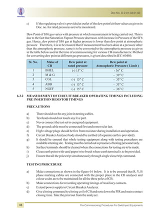 c) If the regulating valve is provided at outlet of the dew point kit then values as given in
Doc.no.forratedpressuresaretobemonitored.
Dew Point of SF6 gas varies with pressure at which measurement is being carried out.This is
due to the fact that SaturationVapour Pressure decreases with increase in Pressure of the SF6
gas. Hence, dew point of SF6 gas at higher pressure is lower than dew point at atmospheric
pressure Therefore, it is to be ensured that if measurement has been done at a pressure other
than the atmospheric pressure, same is to be converted to the atmospheric pressure as given
in the table below used at the time of commissioning for various CB manufacturers: Method
forconvertingdewpointatdifferentgaspressures,isgiven/describedinIEC-60480.
6.3.2 MEASUREMENT OF CIRCUIT BREAKER OPERATING TIMINGS INCLUDING
PREINSERTIONRESISTORTIMINGS
PRECAUTIONS
a) Thereshouldnotbeanyjointintestingcables.
b) Testleadsshouldnottouchanylivepart.
c) Neverconnectthetestsettoenergisedequipment.
d) Thegroundcablemustbeconnectedfirstandremovedatlast.
e) Highvoltageplugsshouldbefreefrommoistureduringinstallationandoperation.
f) CircuitBreakerAnalyserbodyshouldbeearthed(ifseparateearthisprovided).
g) It should be ensured that whole testing equipment along with testing procedures are
availableattestingsite. Testingmustbecarriedoutinpresenceoftestingpersonnelonly.
h) Surface/terminalsshouldbecleanedwheretheconnectionsfortestingaretobemade.
i) Cleanearthpointwithsandpaper/wirebrushwhereearthterminalistobeprovided.
j) Ensurethatallthepolestripsimultaneouslythroughsingleclose/tripcommand.
TESTINGPROCEDURE
a) Make connections as shown in the figure-16 below. It is to be ensured that R, Y, B
phase marking cables are connected with the proper place in the CB analyser and
colourcodesaretobemaintainedforallthethreepolesofCB.
b) MakeconnectionsforrecordingoperatingtimingsofAuxiliarycontacts.
c) ExtendpowersupplytoCircuitBreakerAnalyzer.
d) Give closing command to closing coil of CB and note down the PIR and main contact
closing time.Taketheprintoutfromtheanalyzer.
Sl. No. Make of
CB
Dew point at
rated pressure
Dew point at
Atmospheric Pressure ( Limit )
1 BHEL (-) 15° C - 36° C
2 M & G - - 39° C
3 CGL (-) 15° C - 35° C
4 ABB (-) 15° C - 35° C
5 NGEF (-) 15° C - 36° C
Doc No. D-2-01-03-01-03
Pre-Commissioning Procedures For Switchyard Equipments48
 