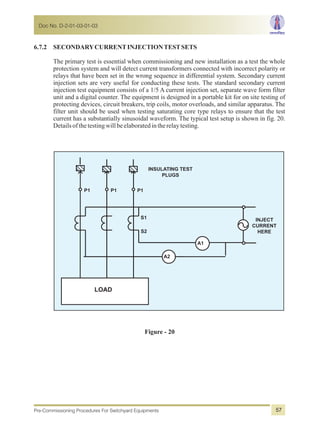 6.7.2 SECONDARYCURRENTINJECTIONTESTSETS
The primary test is essential when commissioning and new installation as a test the whole
protection system and will detect current transformers connected with incorrect polarity or
relays that have been set in the wrong sequence in differential system. Secondary current
injection sets are very useful for conducting these tests. The standard secondary current
injection test equipment consists of a 1/5 A current injection set, separate wave form filter
unit and a digital counter. The equipment is designed in a portable kit for on site testing of
protecting devices, circuit breakers, trip coils, motor overloads, and similar apparatus. The
filter unit should be used when testing saturating core type relays to ensure that the test
current has a substantially sinusoidal waveform. The typical test setup is shown in fig. 20.
Detailsofthetestingwillbeelaboratedintherelaytesting.
S2
S1
P1 P1 P1
LOAD
INSULATING TEST
PLUGS
INJECT
CURRENT
HERE
A1
A2
Figure - 20
Doc No. D-2-01-03-01-03
Pre-Commissioning Procedures For Switchyard Equipments 57
 
