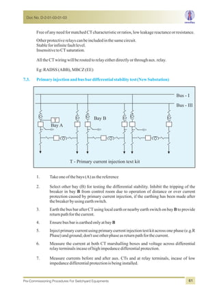 FreeofanyneedformatchedCTcharacteristicorratios,lowleakagereactanceorresistance.
Otherprotectiverelayscanbeincludedinthesamecircuit.
Stableforinfinitefaultlevel.
InsensitivetoCTsaturation.
AlltheCTwiringwillberoutedtorelayeitherdirectlyorthroughaux.relay.
Eg:RADSS (ABB),MBCZ(EE)
7.3. Primaryinjectionandbusbardifferentialstabilitytest(NewSubstation)
Bus - I
Bus - III
Bay B
Bay A
T
T - Primary current injection text kit
1. Takeoneofthebays(A)asthereference
2. Select other bay (B) for testing the differential stability. Inhibit the tripping of the
breaker in bay B from control room due to operation of distance or over current
protection caused by primary current injection, if the earthing has been made after
thebreakerbyusingearthswitch.
3. Earth the bus bar after CTusing local earth or nearby earth switch on bay B to provide
returnpathforthecurrent.
4. EnsurebusbarisearthedonlyatbayB
5. Inject primary current using primary current injection test kit across one phase (e.g.R
Phase)andground;don'tuseotherphaseasreturnpathforthecurrent.
6. Measure the current at both CT marshalling boxes and voltage across differential
relayterminalsincase ofhighimpedancedifferentialprotection.
7. Measure currents before and after aux. CTs and at relay terminals, incase of low
impedancedifferentialprotectionisbeinginstalled.
Doc No. D-2-01-03-01-03
Pre-Commissioning Procedures For Switchyard Equipments 61
 