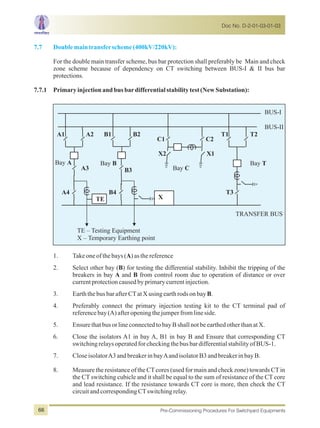 7.7 Doublemaintransferscheme(400kV/220kV):
For the double main transfer scheme, bus bar protection shall preferably be Main and check
zone scheme because of dependency on CT switching between BUS-I & II bus bar
protections.
7.7.1 Primaryinjectionandbusbardifferentialstabilitytest(NewSubstation):
BUS-I
TE – Testing Equipment
X – Temporary Earthing point
B3
X
X2 X1
TE
Bay BBay A
T3
T2T1
C2C1
B4
B2B1
A4
A3
A2A1
Bay C
Bay T
BUS-II
TRANSFER BUS
1. Takeoneofthebays(A)asthereference
2. Select other bay (B) for testing the differential stability. Inhibit the tripping of the
breakers in bay A and B from control room due to operation of distance or over
currentprotectioncausedbyprimarycurrentinjection.
3. EarththebusbarafterCTatXusingearthrodsonbayB.
4. Preferably connect the primary injection testing kit to the CT terminal pad of
referencebay(A)afteropeningthejumperfromlineside.
5. EnsurethatbusorlineconnectedtobayBshallnotbeearthedotherthanatX.
6. Close the isolators A1 in bay A, B1 in bay B and Ensure that corresponding CT
switchingrelaysoperatedforcheckingthebusbardifferentialstabilityofBUS-1.
7. CloseisolatorA3andbreakerinbayAandisolatorB3andbreakerinbayB.
8. Measure the resistance of the CTcores (used for main and check zone) towards CTin
the CT switching cubicle and it shall be equal to the sum of resistance of the CT core
and lead resistance. If the resistance towards CT core is more, then check the CT
circuitandcorrespondingCTswitchingrelay.
Doc No. D-2-01-03-01-03
Pre-Commissioning Procedures For Switchyard Equipments66
 