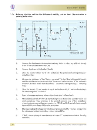 7.7.4 Primary injection and bus bar differential stability test for Bus-I (Bay extension in
existingSubstation)
E
TE
Bay BBay A
T3
T2T1
C2C1
B4
B2B1
A4
A3
A2A1
Bay C
New bay
BUS-I
BUS- II
TRANSFER BUS
B3
1. Arrange the shutdown of the one of the existing feeder or take a bay which is already
inoutofserviceasreferencebay(A).
2. Arrangeshutdownofthebusbar(Bus-I).
3. Close the isolator of new bay B (B1) and ensure the operation of corresponding CT
switchingrelay.
4. Measure the resistance of the CTcores towards CTin the CTswitching cubicle and it
shall be equal to the resistance of the CT core and lead resistance. If the resistance
towards CT core is more, then check the CT circuit and corresponding CT switching
relay.
5. Close the isolator B3 and breaker in bay B and isolatorsA1,A3 and breaker in bayA
forconnectingtheCTstoBus-I.
6. InjectprimarycurrentusingprimaryinjectiontestingkitfrombayA.
7. Measure the current at both CT marshalling boxes (both cores used for main and
check zone) and relay terminals in the control room in case of low impedance
protection or measure voltage across cores in CT MB and differential relay terminals
incaseofhighimpedancedifferentialprotection.
8. The measured spill voltage/current at relay terminals shall be very less compared to
theprimarycurrent/correspondingvoltage(around2%).
9. If Spill current/voltage is more (almost twice the CT secondary current) at the relay
terminals:
Doc No. D-2-01-03-01-03
Pre-Commissioning Procedures For Switchyard Equipments70
 