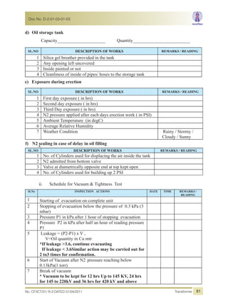 7 Break of vacuum
* Vacuum to be kept for 12 hrs Up to 145 KV, 24 hrs
for 145 to 220kV and 36 hrs for 420 kV and above
d) Oil storage tank
Capacity_____________________ Quantity_________________________
SL.NO DESCRIPTION OF WORKS REMARKS / READING
1 Silica gel breather provided in the tank
2 Any opening left uncovered
3 Inside painted or not
4 Cleanliness of inside of pipes/ hoses to the storage tank
e) Exposure during erection
SL.NO DESCRIPTION OF WORKS REMARKS / READING
1 First day exposure ( in hrs)
2 Second day exposure ( in hrs)
3 Third Day exposure ( in hrs)
4 N2 pressure applied after each days erection work ( in PSI)
5 Ambient Temperature (in degC)
6 Average Relative Humidity
7 Weather Condition Rainy / Stormy /
Cloudy / Sunny
f) N2 sealing in case of delay in oil fillingi.
SL.NO DESCRIPTION OF WORKS REMARKS / READING
1 No. of Cylinders used for displacing the air inside the tank
2 N2 admitted from bottom valve
3 Valve at diametrically opposite end at top kept open
4 No. of Cylinders used for building up 2 PSI
ii. Schedule for Vacuum & Tightness Test
Sl.No INSPECTION ACTIONS DATE TIME REMARKS /
READING
1 Starting of evacuation on complete unit
2 Stopping of evacuation below the pressure of 0.3 kPa (3
mbar)
3 Pressure P1 in kPa after 1 hour of stopping evacuation
4 Pressure P2 in kPa after half an hour of reading pressure
P1
5 Leakage = (P2-P1) x V ,
V=Oil quantity in Cu mtr
*If leakage >3.6, continue evacuating
If leakage < 3.6Similar action may be carried out for
2 to3 times for confirmation.
6 Start of Vacuum after N2 pressure reaching below
0.13kPa(1 torr)
No. CF/ICT/01/ R-3 DATED 01/04/2011 Transformer
Doc No. D-2-01-03-01-03
81
 