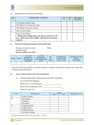 iii. Schedule for Oil filling and Settling
Sl.N
o
INSPECTION ACTIONS DAT
E
TIM
E
REMARKS /
READING
1 Oil Filling in Main Tank
2 Oil filling in Conservator tank
3 Oil filling in diverter switch
4 Start of oil settling
5
End of oil settling
* Minimum settling time to be given 12 hrs for 145
KV ,48 hrs for 145 to 420kV and 120 hrs for above
420 kV .
iv. Record of drying out process (if carried out)
Drying out started on date: Time:
Ambient temp:
Hourly reading to be taken
DATE TIME
VACUUM
READING IN
FILTRATION
MACHINE
VACUUM
READING IN
TRANSFORMER
TANK
OTI
OF
TANK
CONDENSATE
COLLECTED
TOTAL / RATE
REMARKS & SIGN
OF MTC
ENGINEER
Record of filtration and Dry out shall be kept in a register and shall be made a part of the Pre-
commissioning document.
IX. INSULATION RESISTANCE MEASUREMENT
a) Insulation Resistance Measurement of Cable and others
(Using 500 Volt Megger)
Make & Sl. No of testing kit _____________________
Date of last calibration of kit _____________________
Ambient temp in º C _____________________
SL. NO. DESCRIPTION
STATUS
REMARKS, IF ANY
YES NO
A Control wiring
B Tap changer
a) Motor
b) Control
C Cooling System
a) Motor Fan
b) Motor Pump
c) Control wiring
* Permissible limit of IR value should be > 50 M ?
No. CF/ICT/01/ R-3 DATED 01/04/2011Transformer
Doc No. D-2-01-03-01-03
82
 