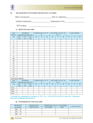XI. MEASUREMENT OF WINDING RESISTANCE (IN OHM)
Make of testing kit________________________ Date of calibration____________________
Ambient temperature____________________ Temperature of oil_________________________
WTI reading _____________________________
A) HIGH VOLTAGE SIDE
TAP
POSITI
ON
WINDING
RESISTANCE(HV-N)
RESISTANCE AT 75º
C
FACTORY VALUE AT
75º C
% DEVIATION
1R1–
2R1
1Y1–
2Y1
1B1–
2B1
R Y B R Y B R Y B
1
2
3
4
5
6
7
8
9b
10
11
12
13
14
15
16
17
REVERSE ORDER
TAP
POSITI
ON
WINDING
RESISTANCE(HV-N)
RESISTANCE AT 75º
C
FACTORY VALUE AT
75º C
% DEVIATION
1R1–
2R1
1Y1–
2Y1
1B1–
2B1
R Y B R Y B R Y B
TAP..….
TAP……
TAP……
TAP……
* Formula for calculating the resistance at 75°C: R75 = RT (235+75)/ (235+T), where RT = Resistance
Measured At Winding Temperature T.
B) INTERMEDIATE VOLTAGE SIDE
BETWEEN
WINDING
RESISTANCE RESISTANCE AT 75 °C IN OHMS
% DEVIATION
SITE VALUE FACTORY SITE
2R1 – N
2Y1 – N
2B1 – N
No. CF/ICT/01/ R-3 DATED 01/04/2011Transformer
Doc No. D-2-01-03-01-03
84
 