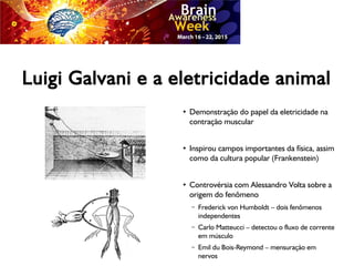 Luigi Galvani e a eletricidade animal
●
Demonstração do papel da eletricidade na
contração muscular
●
Inspirou campos importantes da física, assim
como da cultura popular (Frankenstein)
●
Controvérsia com Alessandro Volta sobre a
origem do fenômeno
– Frederick von Humboldt – dois fenômenos
independentes
– Carlo Matteucci – detectou o fluxo de corrente
em músculo
– Emil du Bois-Reymond – mensuração em
nervos
 