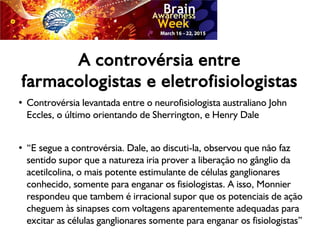 A controvérsia entre
farmacologistas e eletrofisiologistas
●
Controvérsia levantada entre o neurofisiologista australiano John
Eccles, o último orientando de Sherrington, e Henry Dale
● “E segue a controvérsia. Dale, ao discuti-la, observou que não faz
sentido supor que a natureza iria prover a liberação no gânglio da
acetilcolina, o mais potente estimulante de células ganglionares
conhecido, somente para enganar os fisiologistas. A isso, Monnier
respondeu que tambem é irracional supor que os potenciais de ação
cheguem às sinapses com voltagens aparentemente adequadas para
excitar as células ganglionares somente para enganar os fisiologistas”
 