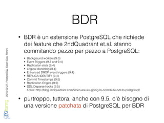 2016-02-27,PostgreSQLOpenDay,Rimini
BDR
• BDR è un estensione PostgreSQL che richiede
dei feature che 2ndQuadrant et.al. stanno
commitando pezzo per pezzo a PostgreSQL:
• purtroppo, tuttora, anche con 9.5, c'è bisogno di
una versione patchata di PostgreSQL per BDR
• Background workers (9.3)
• Event Triggers (9.3 and 9.4)
• Replication slots (9.4)
• Logical decoding (9.4)
• Enhanced DROP event triggers (9.4)
• REPLICA IDENTITY (9.4)
• Commit Timestamps (9.5)
• Replication Origins (9.5)
• DDL Deparse hooks (9.5)
Fonte: http://blog.2ndquadrant.com/when-are-we-going-to-contribute-bdr-to-postgresql/
 